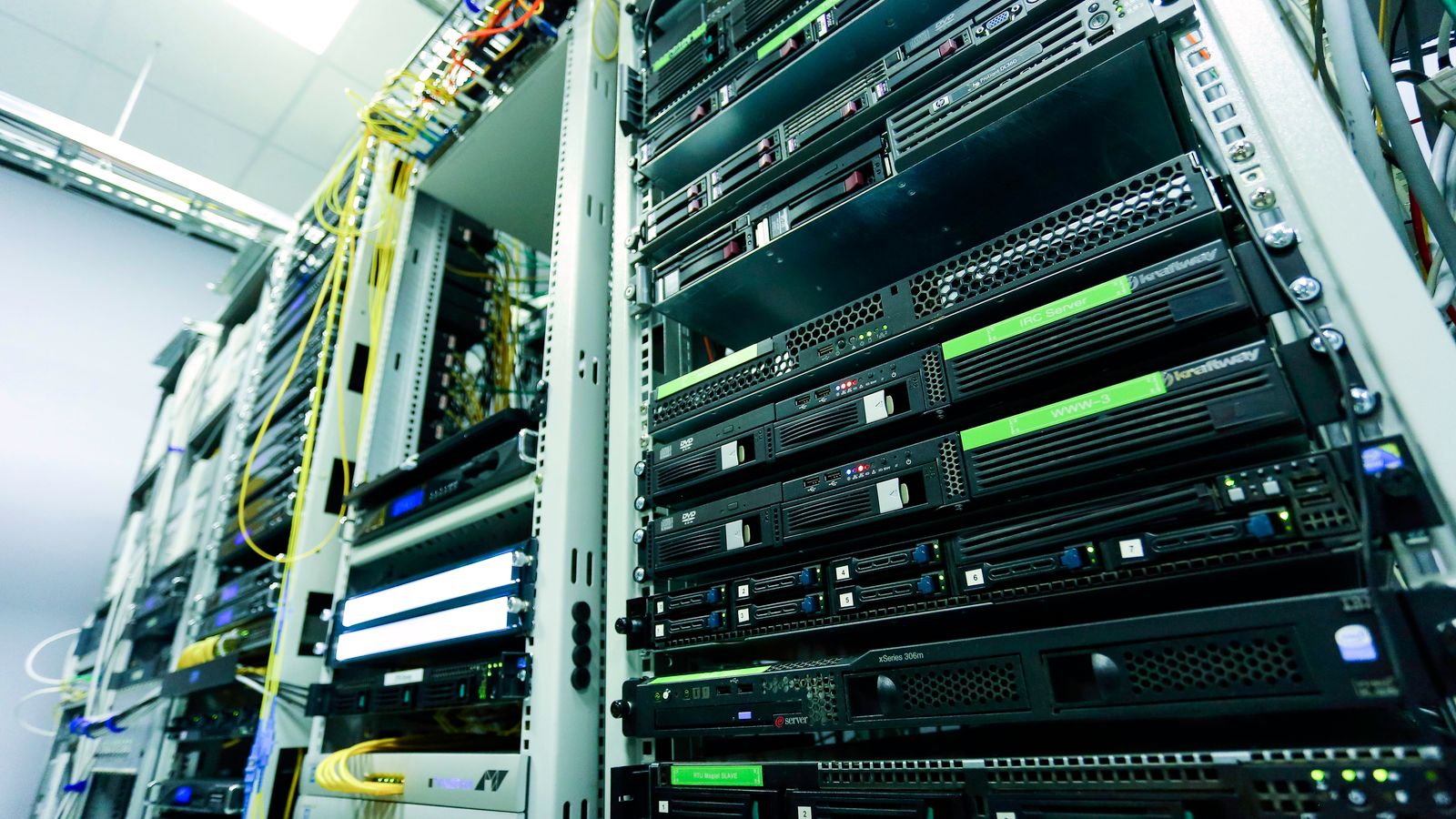 Network cables and equipment inside a server rack.