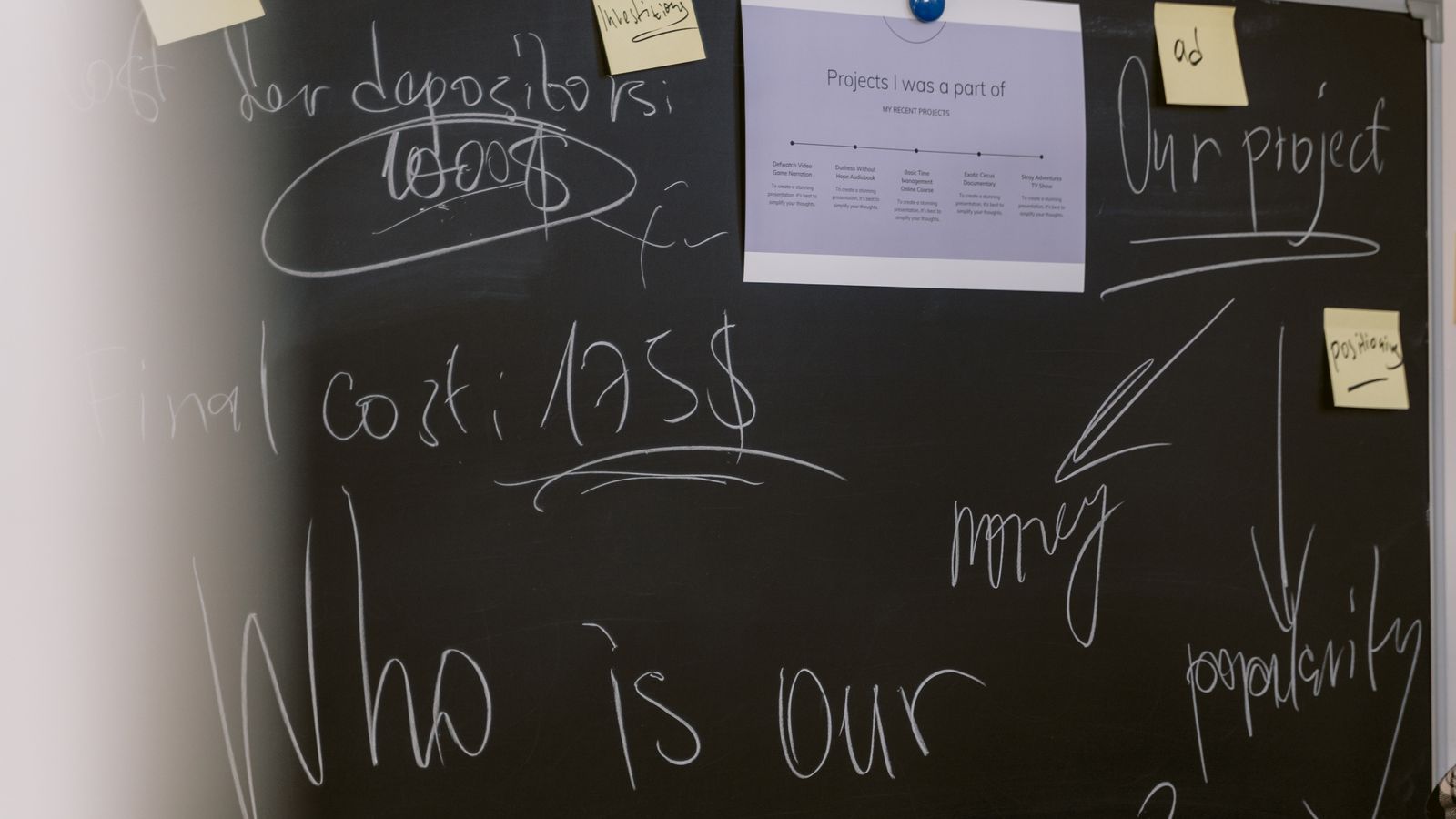 Project notes and planning papers arranged on a board.