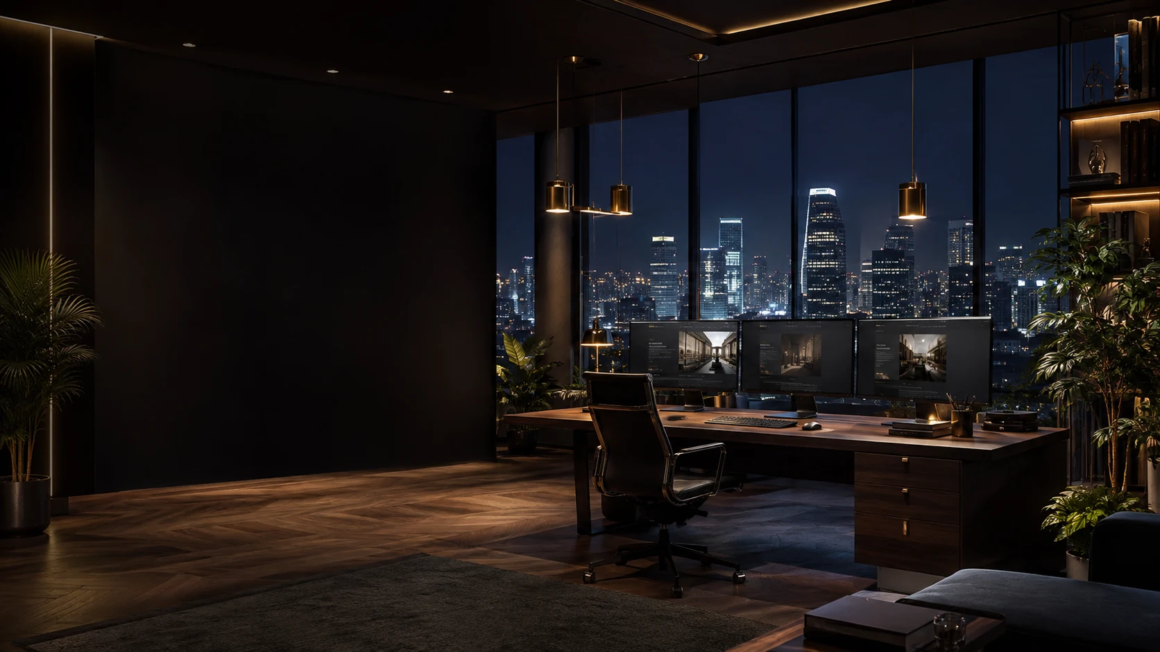 Ruang kerja elegan dengan panorama kota pada malam hari